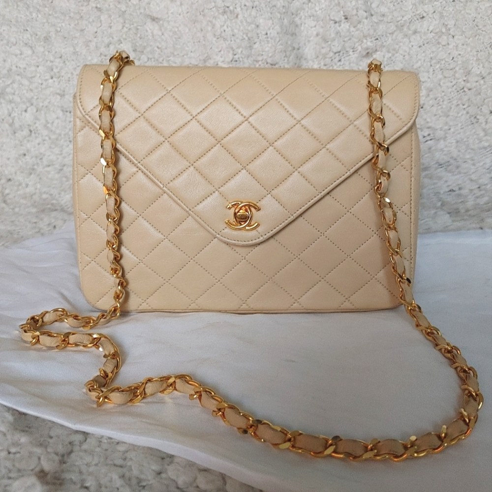 Chanel Beige Classic Quilted Matelasse Lambskin Bag - Picture 1 of 17